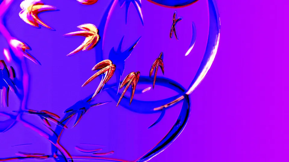 Cody’s 3D art: chrome birds and glass rings on violet