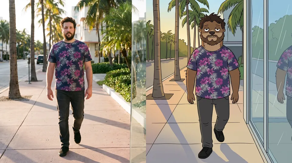 Split frame: a bearded man in a purple floral shirt walks a palm-lined sidewalk in live action, and on the right the same walk is drawn as a cartoon Chonk in the same shirt