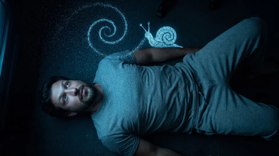 A man lies on a dark floor looking up at a spiral and a snail drawn in glittering static