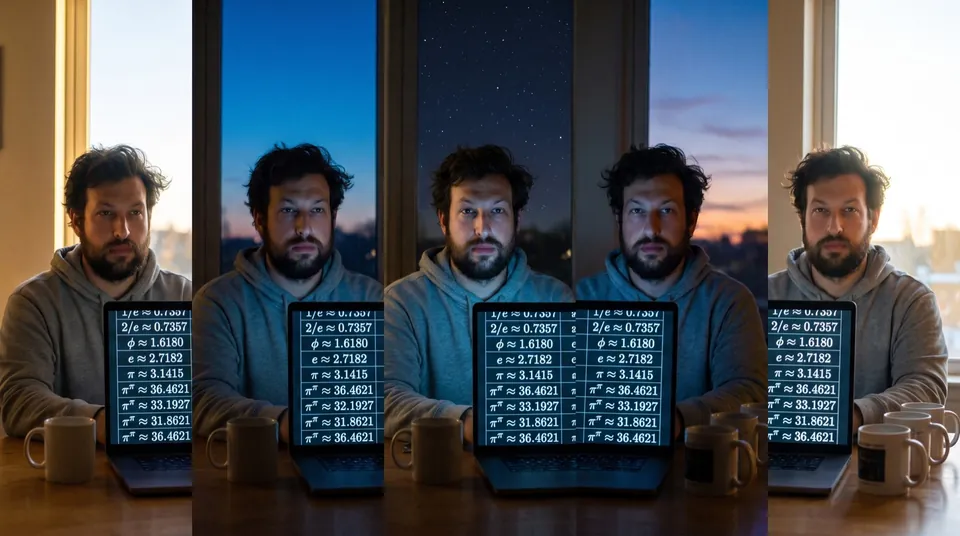 The same man at a laptop of math constants, repeated in panels from sunrise through night to sunrise