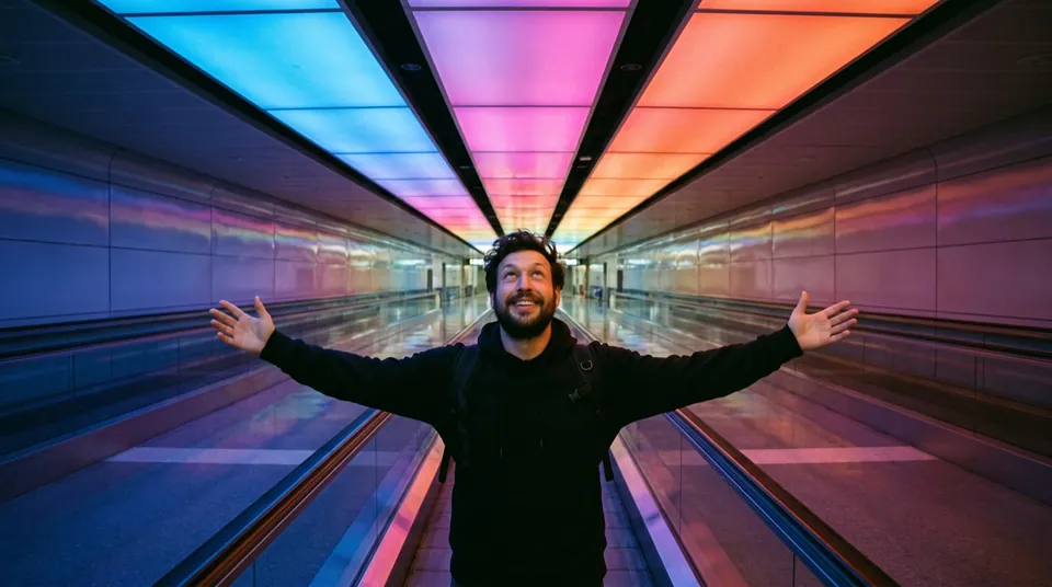 A man with arms spread wide in an empty airport walkway under a rainbow-lit ceiling