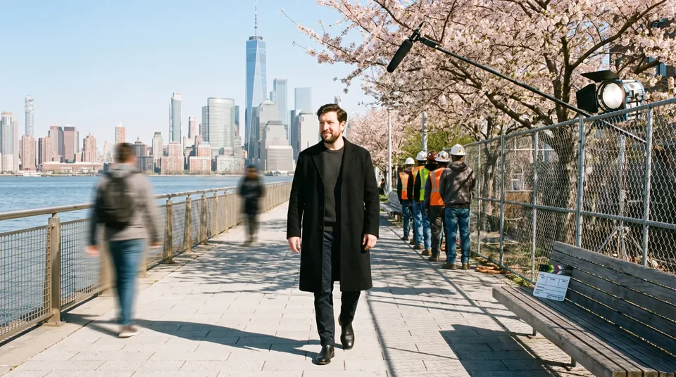 A man in a black coat walks a waterfront path under cherry blossoms, a boom mic and film light hidden in the trees, the city skyline behind