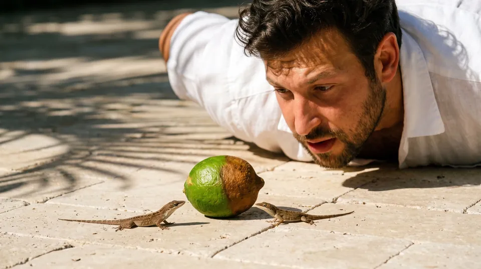 A man lies flat on sunlit paving, eye level with a half-browned lime and two small lizards