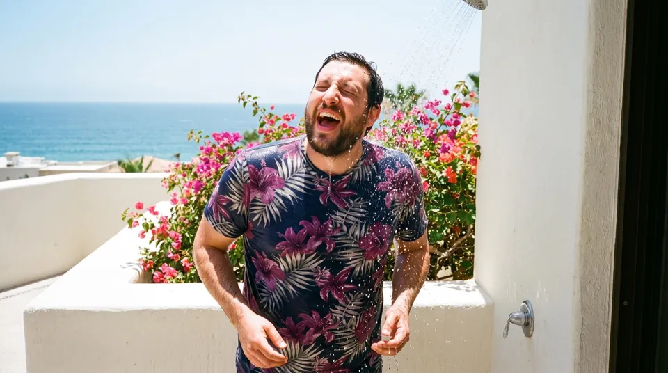 A man in a floral shirt laughs under an outdoor shower on a balcony above the sea, bougainvillea behind him