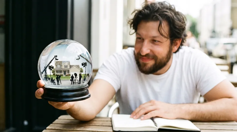 A smiling man holds out a snow globe with a tiny film crew around a house inside, a notebook open on the table