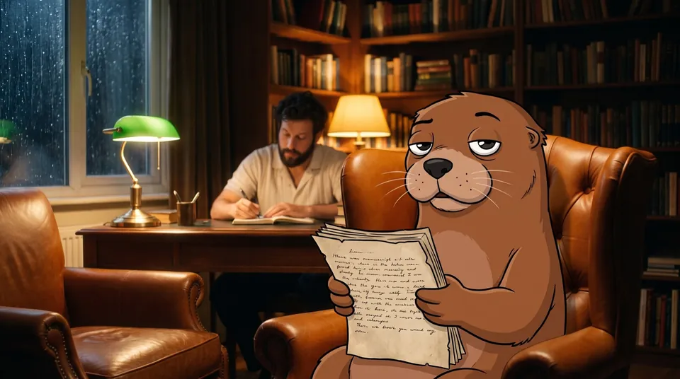 A cartoon sea otter in a leather armchair reads handwritten pages aloud while a man writes at a lamp-lit desk in a library behind him