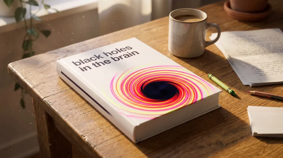 A hardcover of Black Holes in the Brain on a sunny wooden table beside coffee, handwritten pages and a crayon