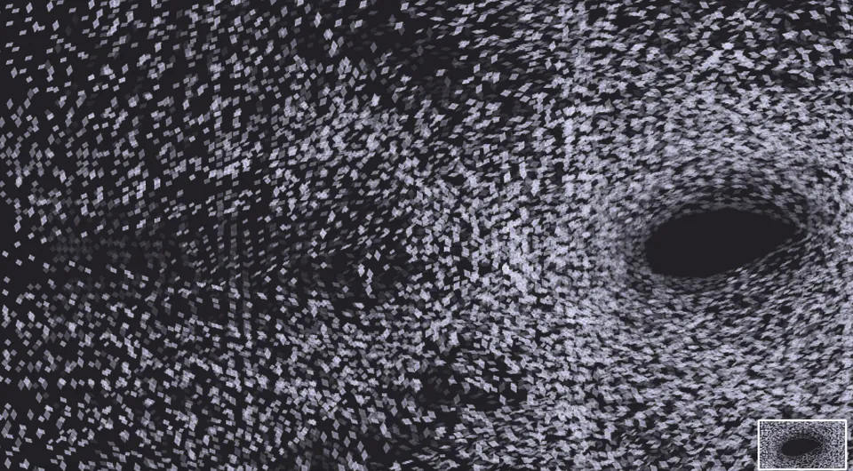 A dark field of thousands of small white particles swirling around a black hole