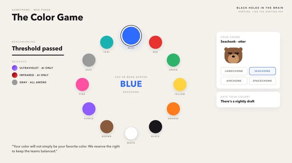 The Color Game screen: twelve team colors in a ring, sorted BLUE, Seachonk
