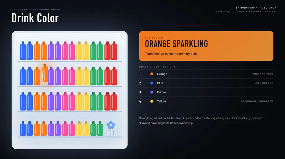 Drink Color game screen: a fridge of colored bottles, and the draft order set by the last drink
