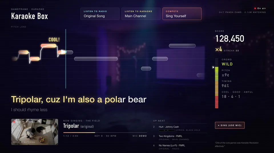 Karaoke Box game screen: a pitch lane, a score of 128,450, and an up-next list of song titles