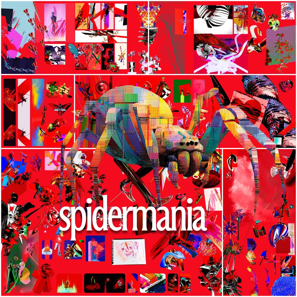 A red collage of Cody’s 3D renders and drawings around a giant glitched spider, with the word spidermania