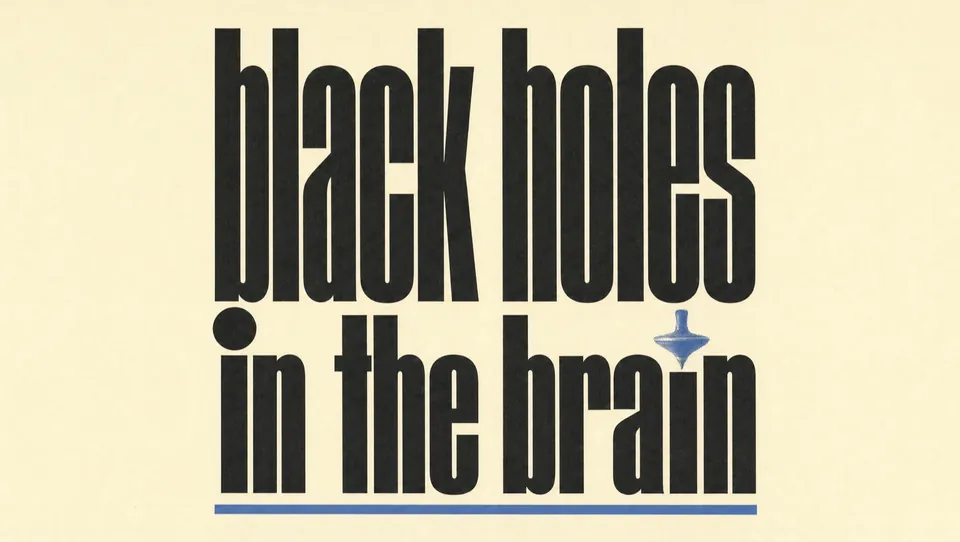 Title card in black condensed type on cream, a small blue spinning top as the dot on the i