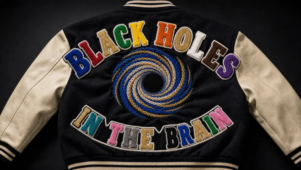 Title card in chenille letters on the back of a varsity jacket