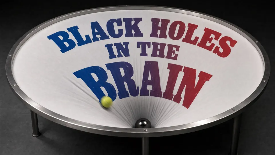Title card printed on a gravity-well funnel, a tennis ball rolling toward the center