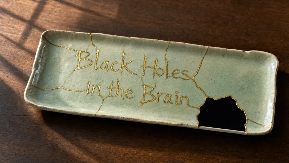 Title card on a cracked celadon dish mended with gold, one piece missing